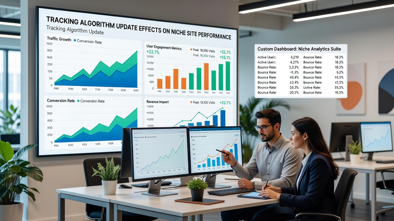 Custom dashboard analytics showing niche site performance trends post-algorithm update